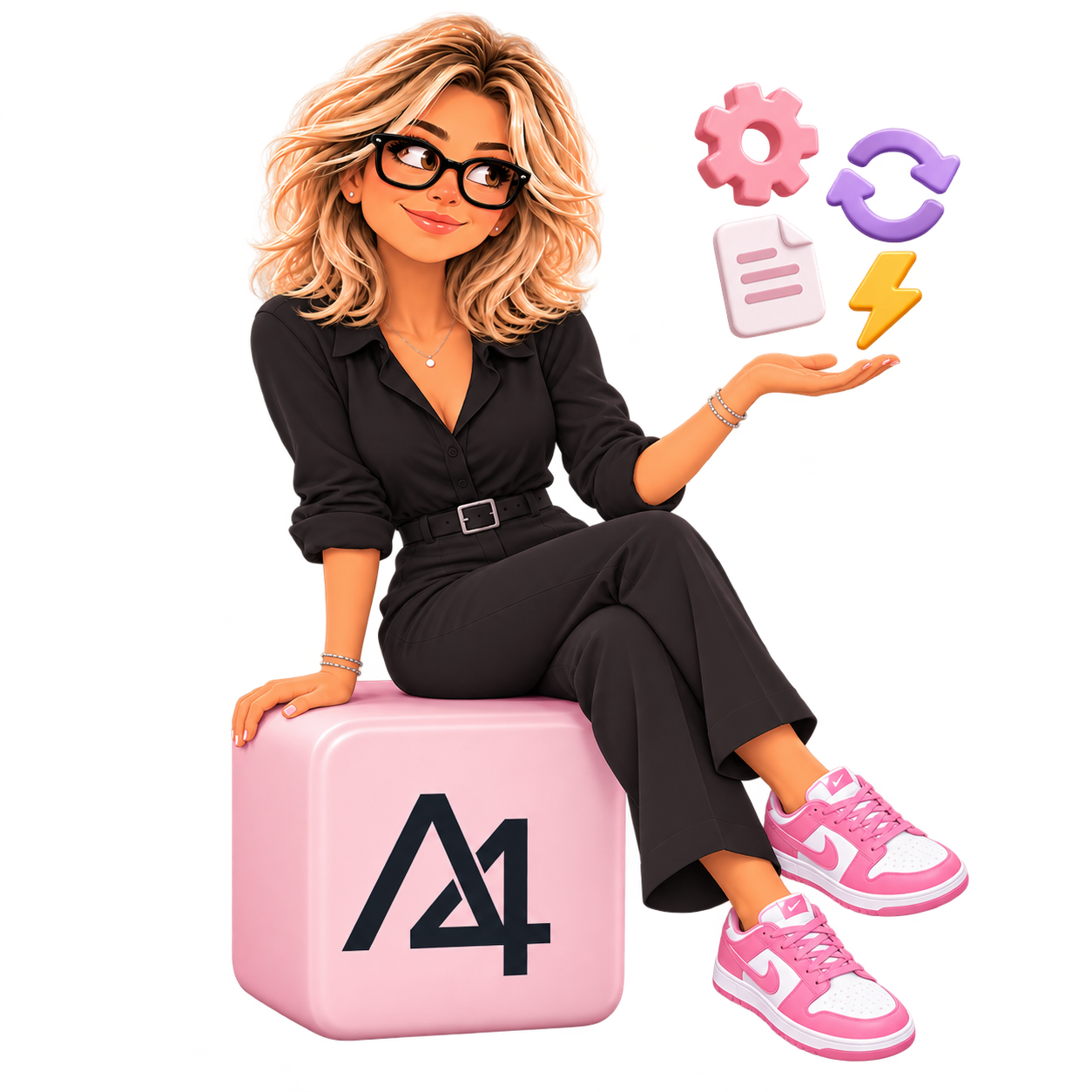 Mascotte AI4MOVE assise sur un cube rose, entourée d’icônes digitales