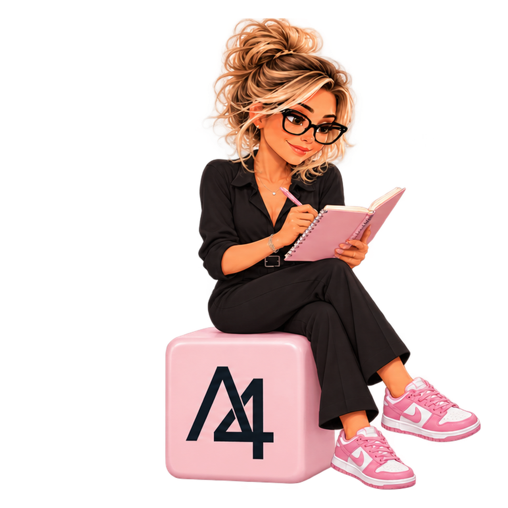 Mascotte AI4MOVE avec un carnet, assise sur un cube rose